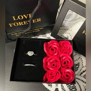 🌸 NEW Heart-Shaped Silver Ring Set with Red Rose Gift Box Size 8